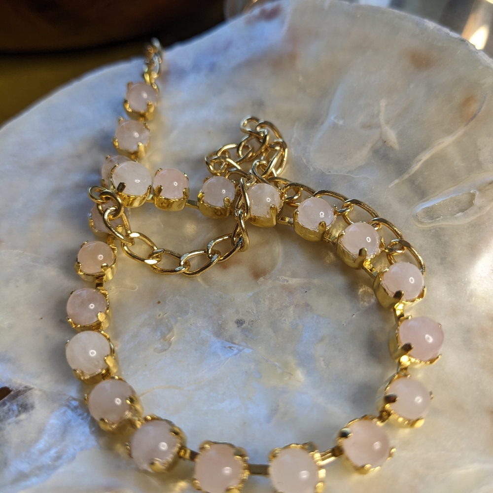 Genuine Pink Rose Quartz Stones In Dainty Classic Tennis Gold Plated Necklace